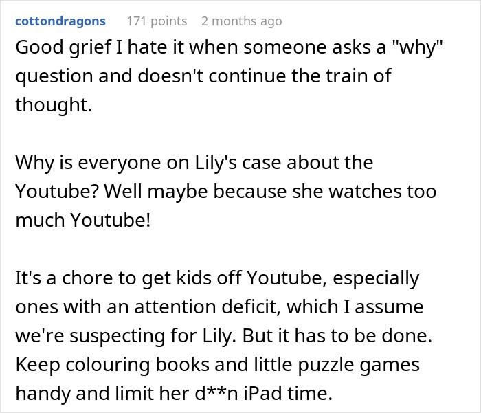 Comment discussing sister accuse favoring nephew niece, focusing on YouTube use and managing children's screen time. Comment discussing sister accuse favoring nephew niece, focusing on YouTube use and managing children's screen time.