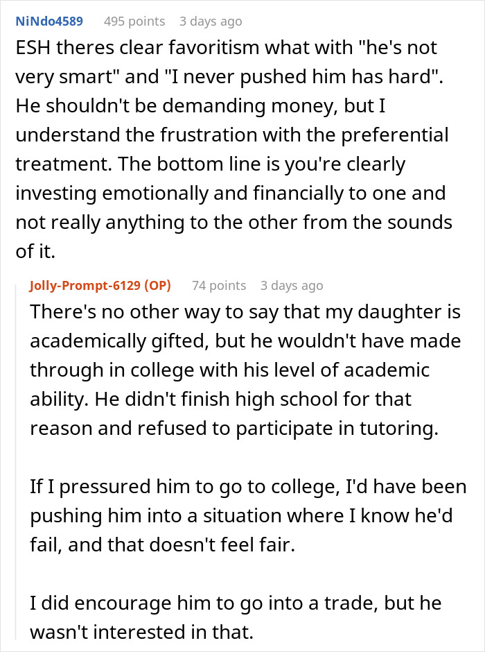 Screenshot of a Reddit discussion about paying off daughter student loans and family financial favoritism concerns. Screenshot of a Reddit discussion about paying off daughter student loans and family financial favoritism concerns.