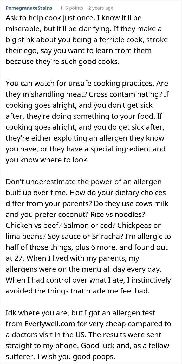 Advice on handling parents’ food causing sickness and identifying possible allergens or unsafe cooking practices.