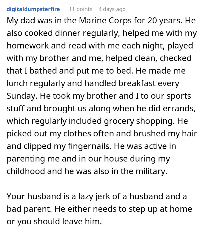 Comment about husband expects wife to work and study full time while managing two kids, highlighting unfair expectations and parenting roles. Comment about husband expects wife to work and study full time while managing two kids, highlighting unfair expectations and parenting roles.