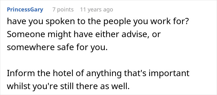 Comment on a forum advising to speak to employers for advice or safety and inform the hotel about important matters, related to mother-poisoned-me scenario. Comment on a forum advising to speak to employers for advice or safety and inform the hotel about important matters, related to mother-poisoned-me scenario.