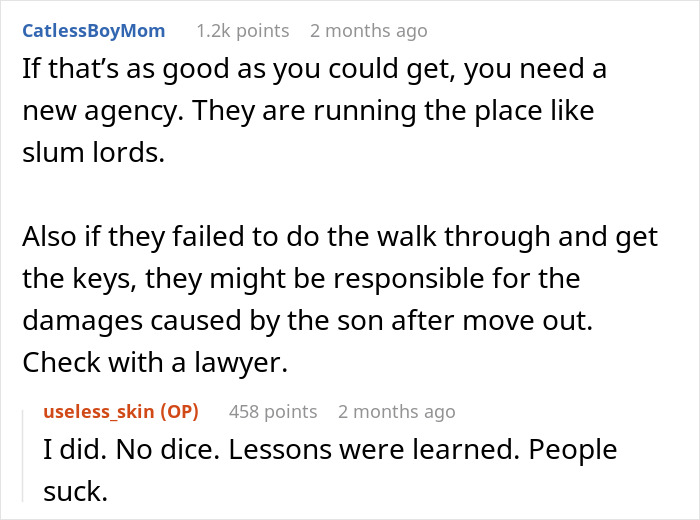 Reddit conversation about a landlord dealing with horrible tenants and seeking revenge after property damage issues. Reddit conversation about a landlord dealing with horrible tenants and seeking revenge after property damage issues.