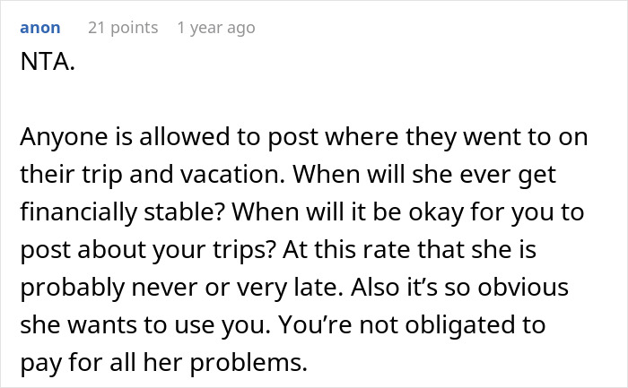 Comment discussing a woman rejecting her sister’s money requests while sibling posts Ibiza vacation pics amid family financial struggles.