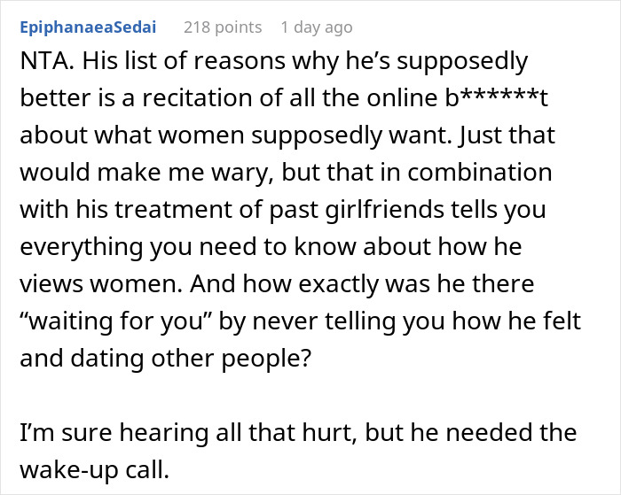 Reddit comment discussing a guy telling an old friend she should date him instead of her boyfriend because he's tall. Reddit comment discussing a guy telling an old friend she should date him instead of her boyfriend because he's tall.
