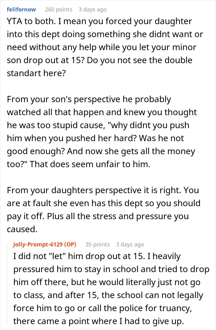 Screenshot of online discussion about paying off daughter student loans and family fairness concerns in education decisions. Screenshot of online discussion about paying off daughter student loans and family fairness concerns in education decisions.