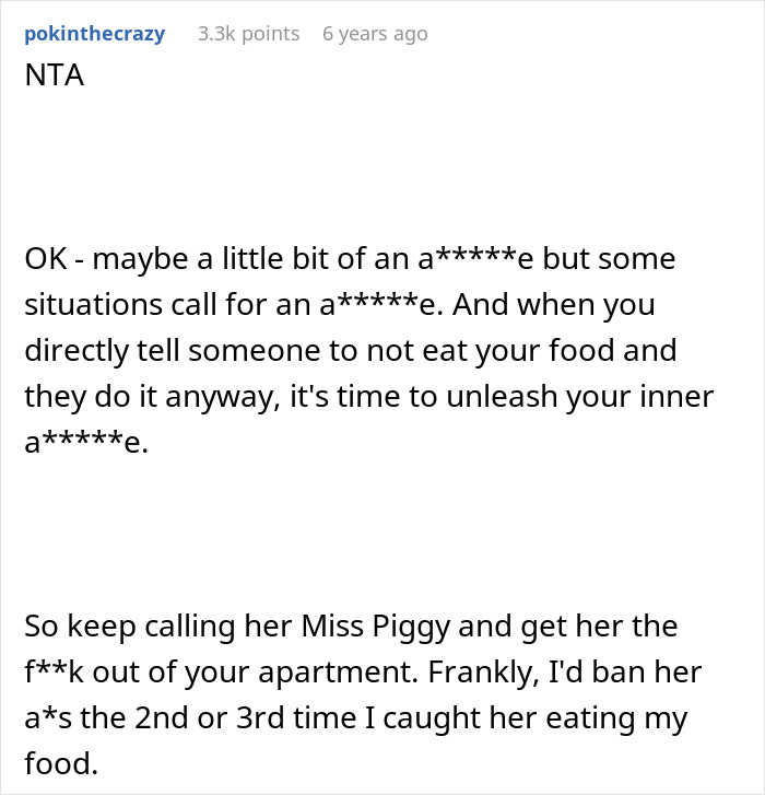 Text post discussing conflict over a woman’s brother’s girlfriend eating food, with insults and advice to ban her. Text post discussing conflict over a woman’s brother’s girlfriend eating food, with insults and advice to ban her.