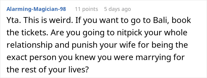 Comment on relationship dispute where husband tells wife no money no honeymoon regarding ticket payment expectations Comment on relationship dispute where husband tells wife no money no honeymoon regarding ticket payment expectations