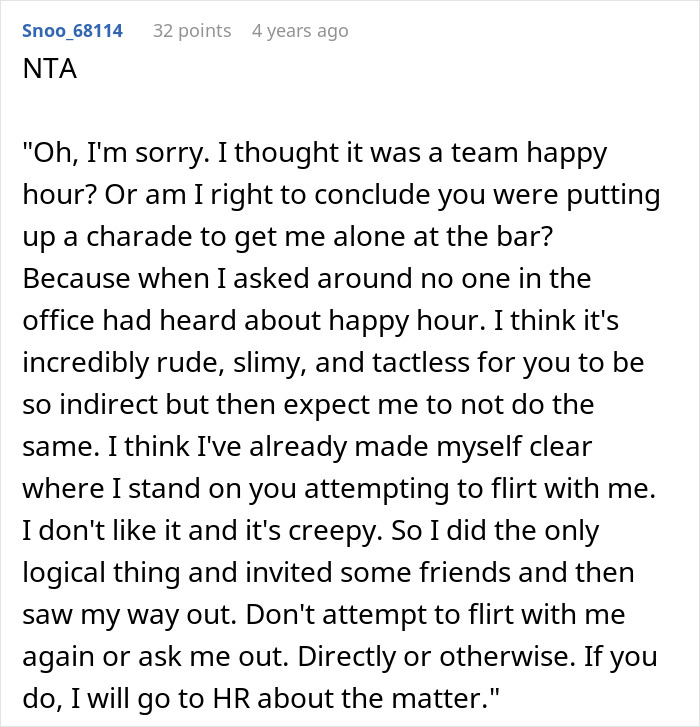 Comment on a forum with a petty response to a creepy coworker’s indirect flirting at the bar after work. Comment on a forum with a petty response to a creepy coworker’s indirect flirting at the bar after work.