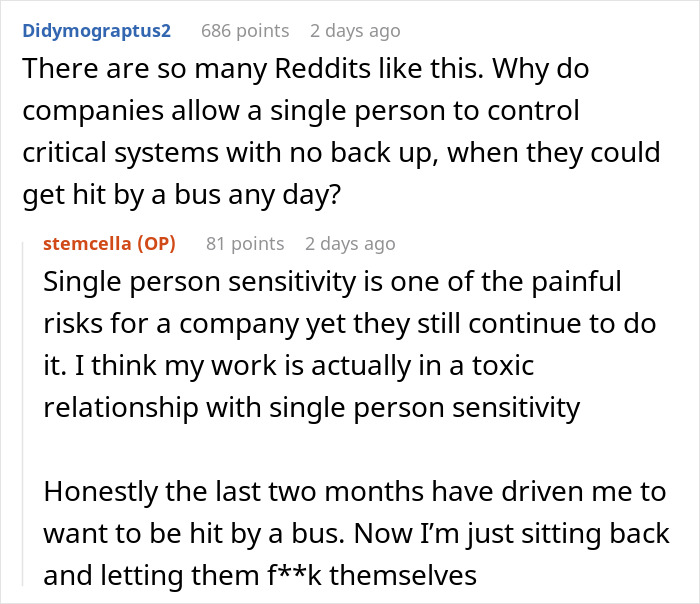 Screenshot of a Reddit discussion about risks of single person control over critical software systems in an engineering work context. Screenshot of a Reddit discussion about risks of single person control over critical software systems in an engineering work context.