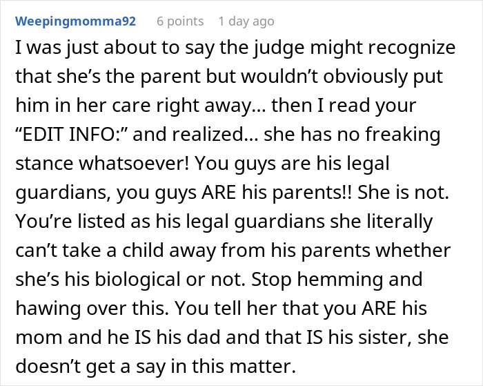 Comment discussing legal guardianship and parental rights in a mom giving baby up and wanting it back case. Comment discussing legal guardianship and parental rights in a mom giving baby up and wanting it back case.