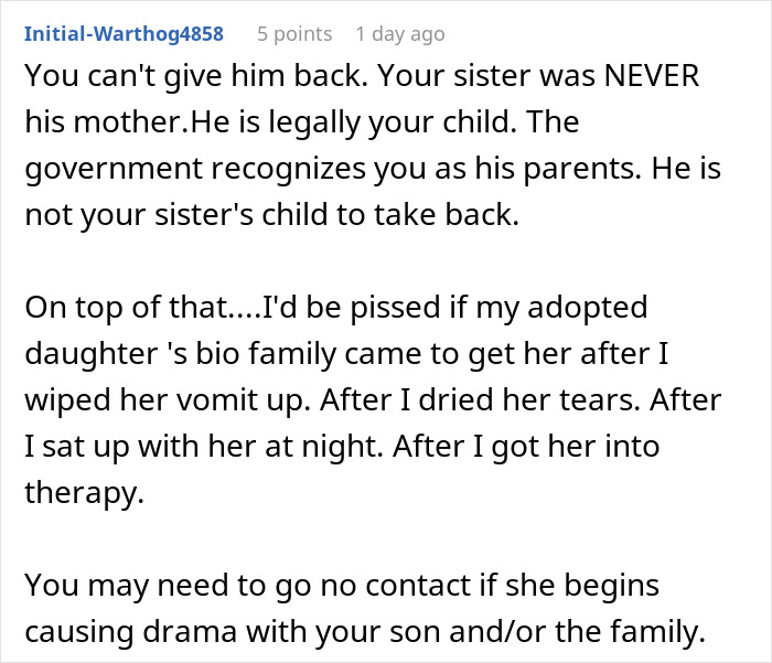Reddit comment discussing a mom giving her baby up and wanting it back eight years later in an adoption debate. Reddit comment discussing a mom giving her baby up and wanting it back eight years later in an adoption debate.