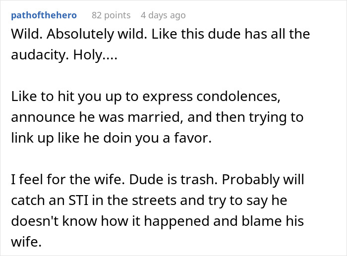 Screenshot of a forum comment reacting to a situation where a boyfriend died and a friend started messaging.