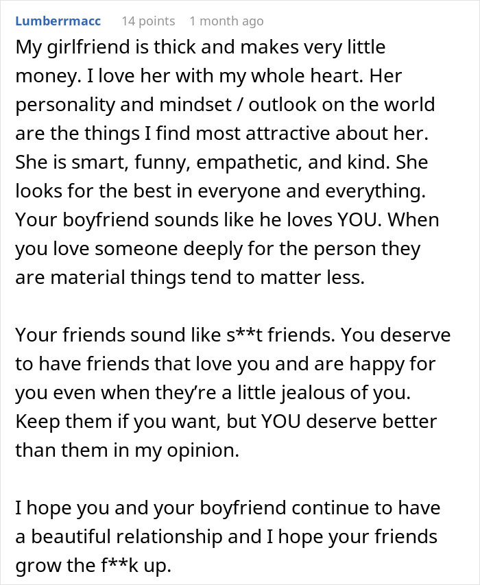 Alt text: Comment about woman devastated after friends say her model boyfriend is out of her league, emphasizing love beyond appearances. Alt text: Comment about woman devastated after friends say her model boyfriend is out of her league, emphasizing love beyond appearances.