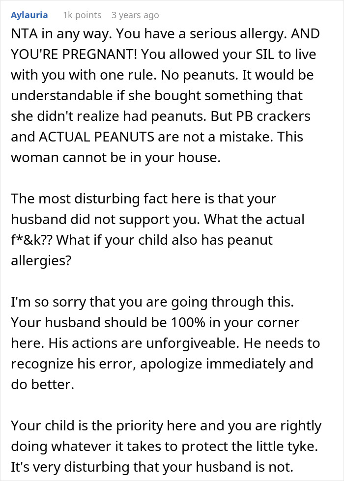Comment expressing concern over peanut allergy risks as sister-in-law ignores no-peanut rule and husband sides with her.
