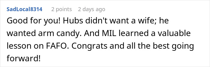 Screenshot of an online comment praising a woman turning her life around after learning what her husband really thinks of her body. Screenshot of an online comment praising a woman turning her life around after learning what her husband really thinks of her body.