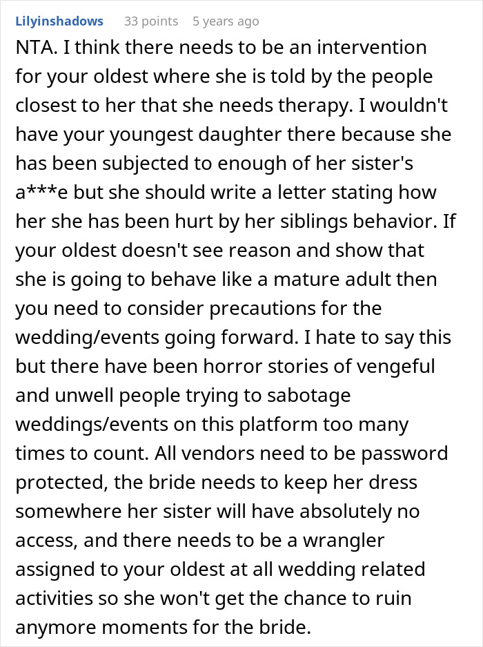 Comment discussing single sister struggling with sibling’s engagement and family conflicts over the wedding events. Comment discussing single sister struggling with sibling’s engagement and family conflicts over the wedding events.