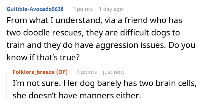 Text conversation about doodle rescues being difficult dogs to train and a friend's dog lacking manners and intelligence. Text conversation about doodle rescues being difficult dogs to train and a friend's dog lacking manners and intelligence.