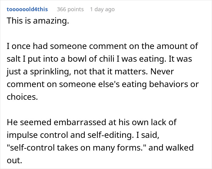 Text post from a user sharing a story about body-shaming and the importance of respecting others' eating choices. Text post from a user sharing a story about body-shaming and the importance of respecting others' eating choices.
