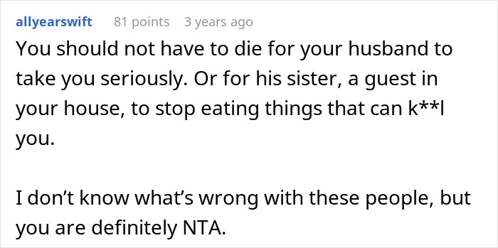 Comment about woman risking anaphylaxis due to sister-in-law ignoring no-peanut rule and husband's betrayal.