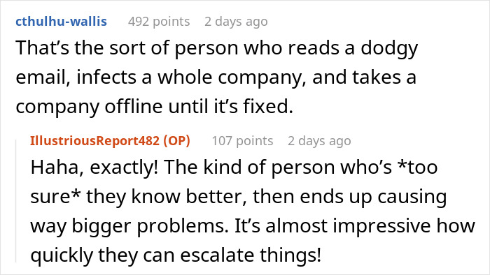 Reddit comment discussing how a dodgy email causes server down during business hours due to malicious compliance.