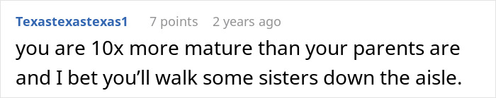 Comment about maturity and walking sisters down the aisle, reflecting challenges faced raising younger siblings as a son.