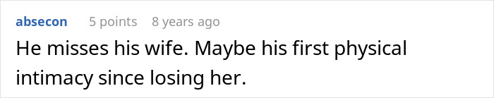 Comment on a dating story, showing text about a man missing his late wife and first intimacy since her loss. Comment on a dating story, showing text about a man missing his late wife and first intimacy since her loss.