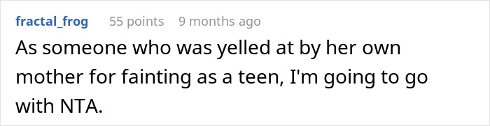 Screenshot of a forum comment discussing a teen fainting and being criticized by her mother for a too graceful fall.