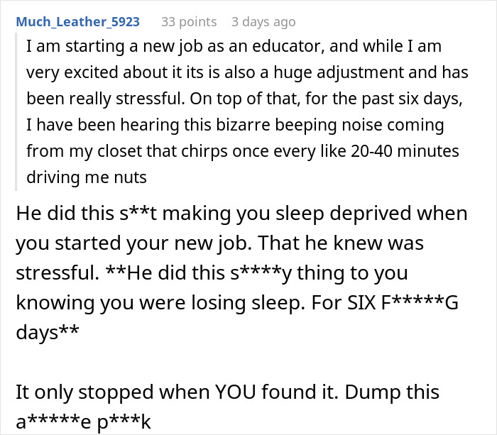 Woman finds hidden device planted by boyfriend in closet causing stress and sleep deprivation at new job. Woman finds hidden device planted by boyfriend in closet causing stress and sleep deprivation at new job.