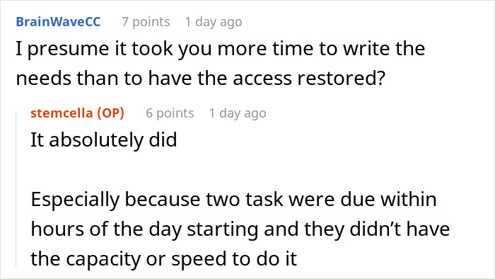 Online discussion where an engineer explains the time needed to relearn tasks after software access was revoked by HR. Online discussion where an engineer explains the time needed to relearn tasks after software access was revoked by HR.