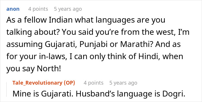 Comment discussing husband and parents native language differences, mentioning Gujarati and Dogri languages. Comment discussing husband and parents native language differences, mentioning Gujarati and Dogri languages.