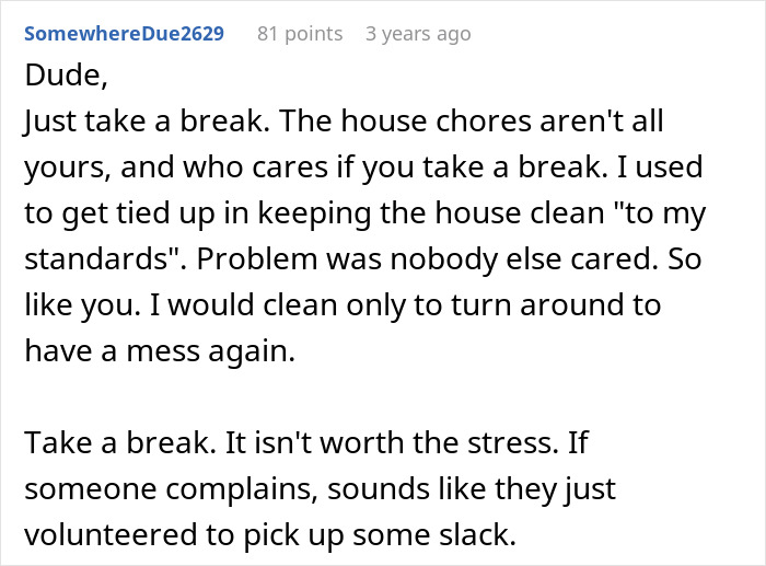 Text post showing advice about taking a break from house chores, reflecting fears of motherhood challenges.