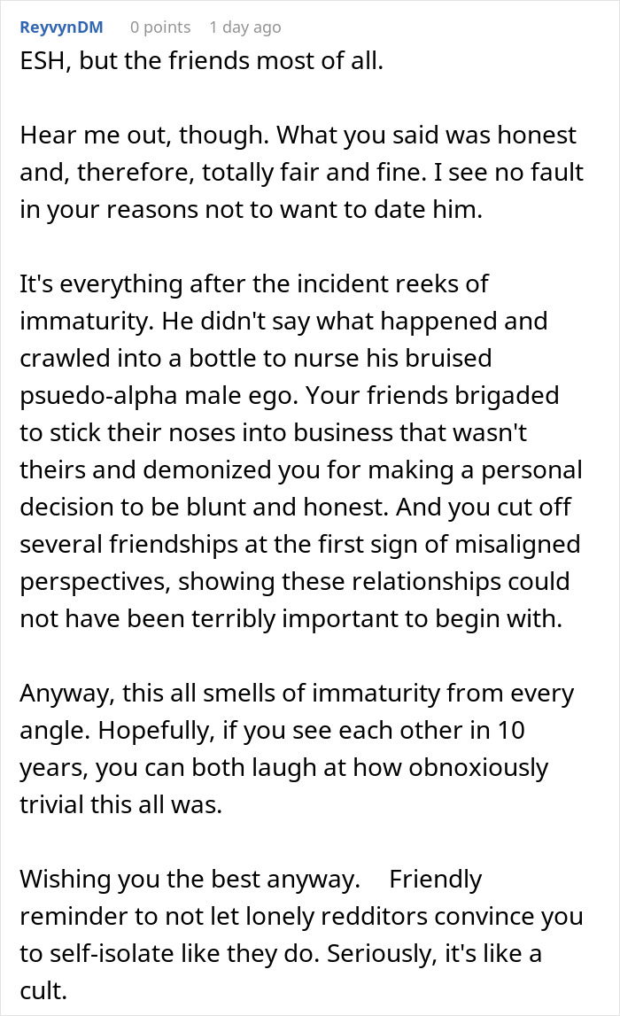 Reddit comment discussing immaturity in a guy who tells an old friend to date him because he is tall and breaks down after rejection. Reddit comment discussing immaturity in a guy who tells an old friend to date him because he is tall and breaks down after rejection.