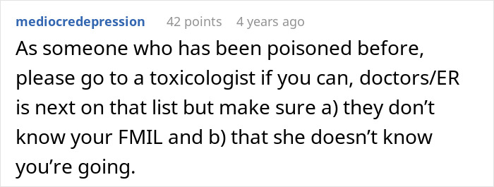 Comment advising someone who suspects poisoning by MIL to consult a toxicologist without revealing their visit. Comment advising someone who suspects poisoning by MIL to consult a toxicologist without revealing their visit.