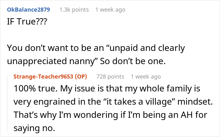 Screenshot of a Reddit conversation discussing a 40-year-old aunt refusing unpaid babysitting and family guilt-tripping. Screenshot of a Reddit conversation discussing a 40-year-old aunt refusing unpaid babysitting and family guilt-tripping.