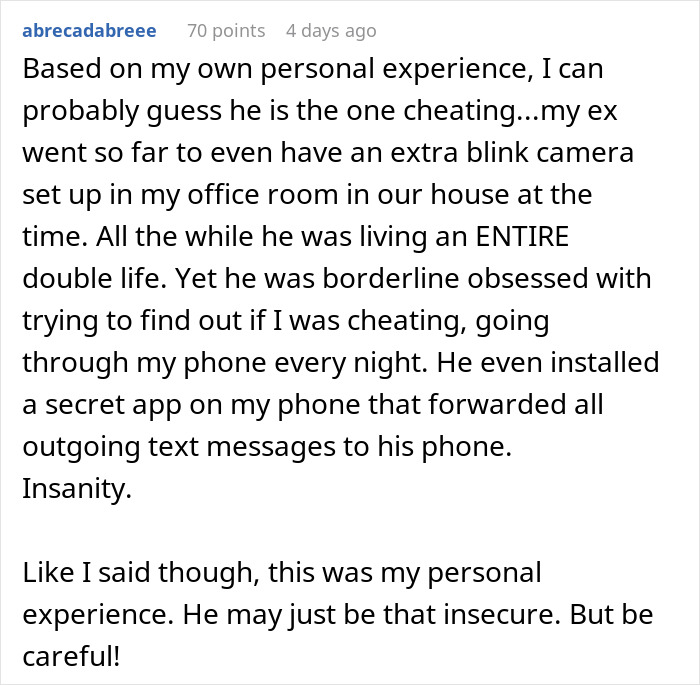 User comment describing personal experience with a man going through his girlfriend’s phone and secretive behavior. User comment describing personal experience with a man going through his girlfriend’s phone and secretive behavior.