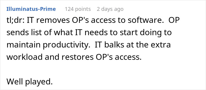 Screenshot of an online forum post describing an engineer listing HR's software access needs after access is revoked. Screenshot of an online forum post describing an engineer listing HR's software access needs after access is revoked.