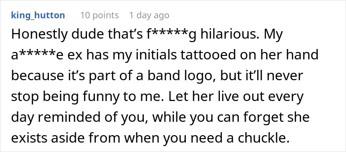 Comment discussing a guy finding out his ex-wife and her new husband legally changed their name to his full name. Comment discussing a guy finding out his ex-wife and her new husband legally changed their name to his full name.