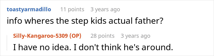 Screenshot of an online forum discussing refusing to babysit stepsiblings with a question about the stepkids' father.
