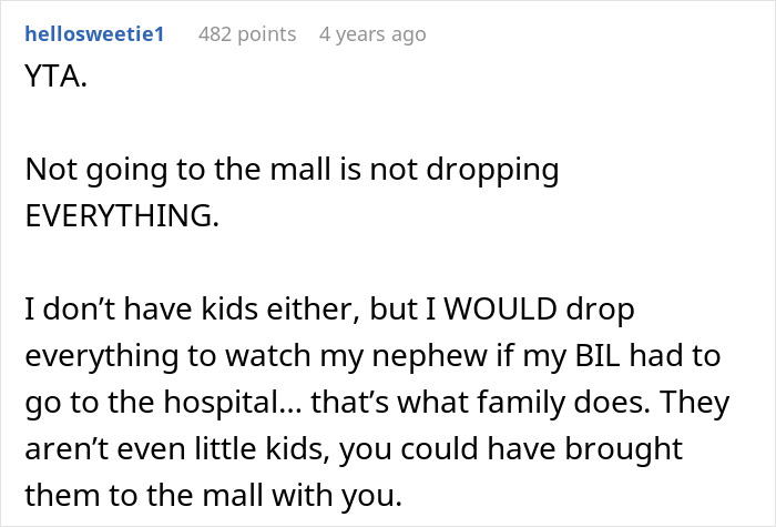 Comment discussing refusing to look after brother's children, emphasizing family responsibility during emergencies. Comment discussing refusing to look after brother's children, emphasizing family responsibility during emergencies.