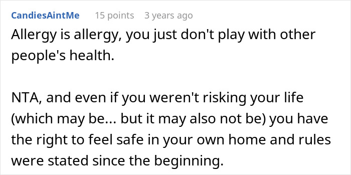 Comment emphasizing allergy safety risks and respecting no-peanut rules to prevent anaphylaxis in a family conflict scenario.