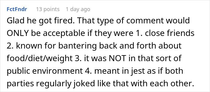 Comment thread discussing employee termination after a body-shaming remark by CFO in a workplace setting. Comment thread discussing employee termination after a body-shaming remark by CFO in a workplace setting.