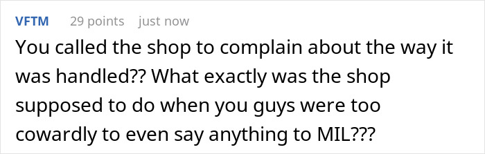 Comment discussing a wedding conflict where the rude MIL regrets wearing white after the bridal party ruins her dress. Comment discussing a wedding conflict where the rude MIL regrets wearing white after the bridal party ruins her dress.