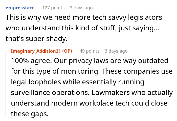Screenshot of an online discussion about employee being sidelined and corporate spying on staff raising privacy concerns.