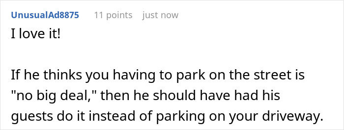 Comment on parking dispute, referencing nurse’s driveway use after long shift and neighbor’s repeated parking issue. Comment on parking dispute, referencing nurse’s driveway use after long shift and neighbor’s repeated parking issue.
