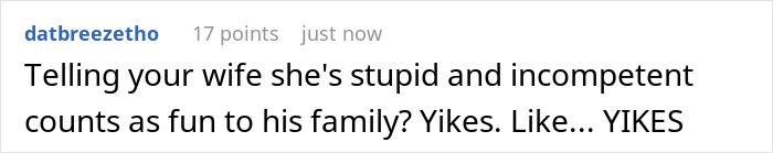 Comment text about a lady standing up for cousin's wife against rude husband, sparking family tension. Comment text about a lady standing up for cousin's wife against rude husband, sparking family tension.