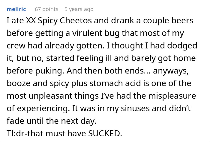 Comment about eating spicy snacks and feeling ill, illustrating a reaction to spicy food related to a habanero cake prank. Comment about eating spicy snacks and feeling ill, illustrating a reaction to spicy food related to a habanero cake prank.