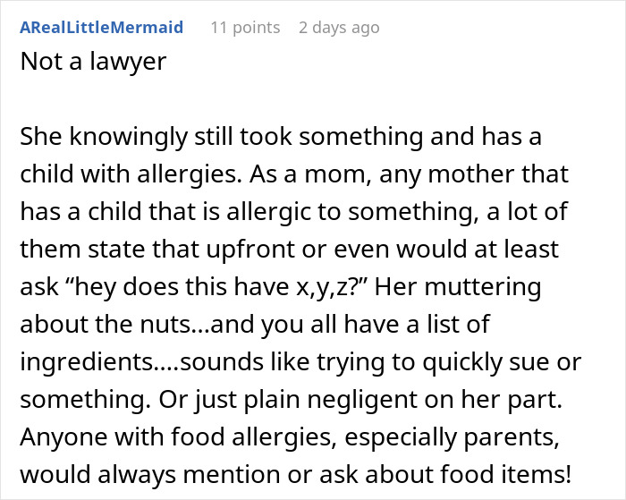 Kid with nut allergy grabs food sample while worker is blamed for giving it without proper warning or inquiry.