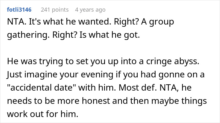 Screenshot of a forum comment discussing a petty response to a creepy coworker’s attempt at setting up a date. Screenshot of a forum comment discussing a petty response to a creepy coworker’s attempt at setting up a date.