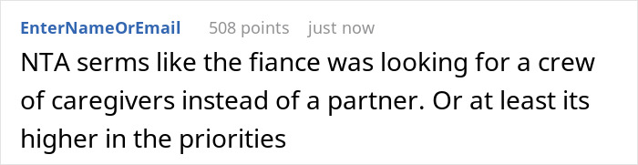 User comment discussing a son refusing to become caregiver for fiance’s disabled daughter, causing family tension. User comment discussing a son refusing to become caregiver for fiance’s disabled daughter, causing family tension.