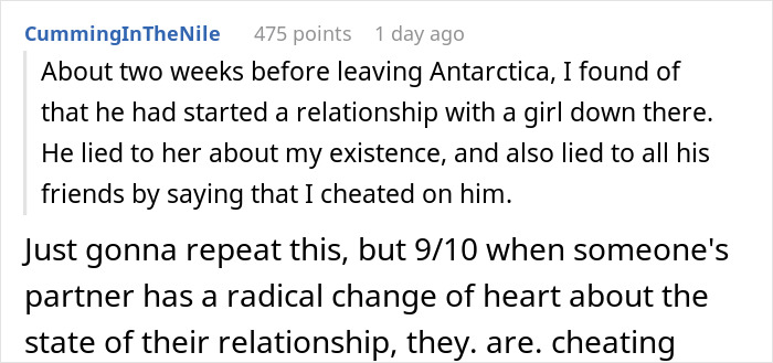 Screenshot of a social media post discussing cheating and rumors in a long-distance romance relationship. Screenshot of a social media post discussing cheating and rumors in a long-distance romance relationship.